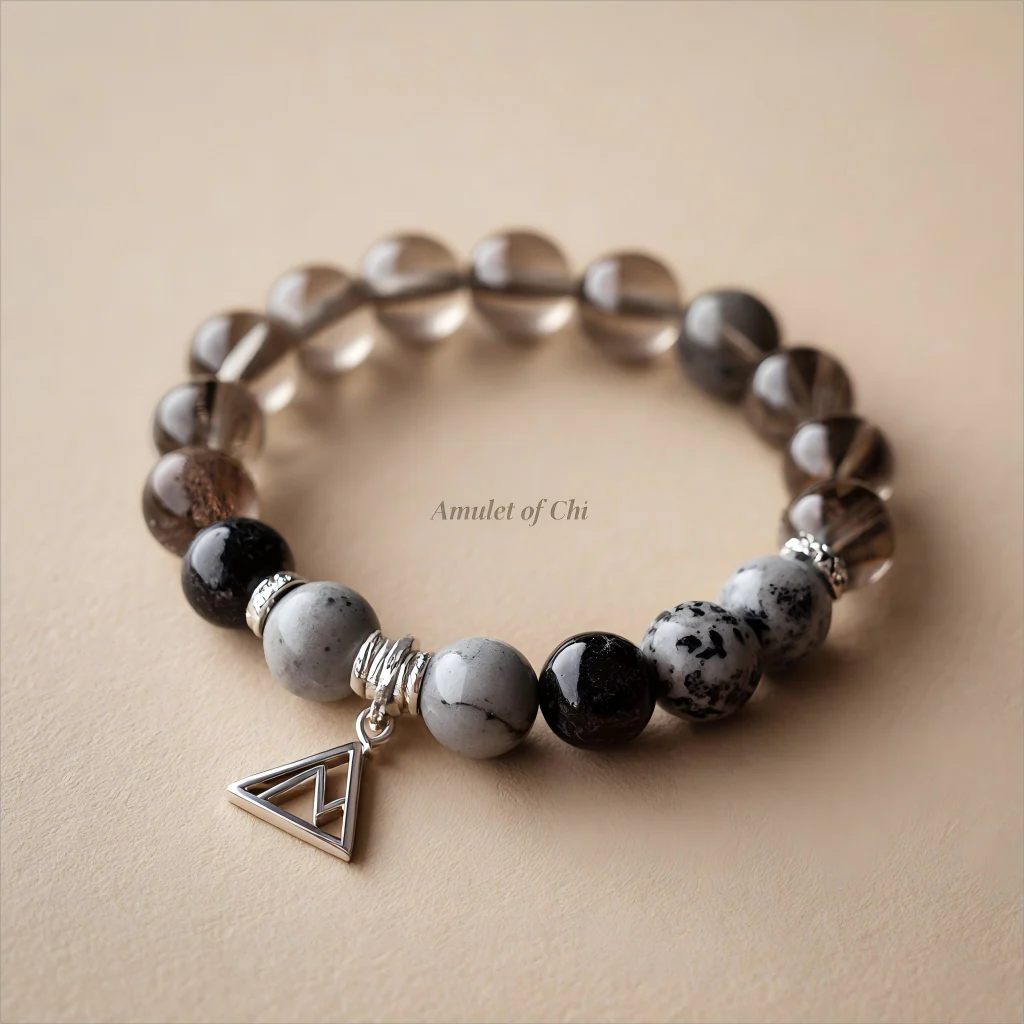 La pierre angulaire | Amulette en quartz fumé et obsidienne flocon de neige