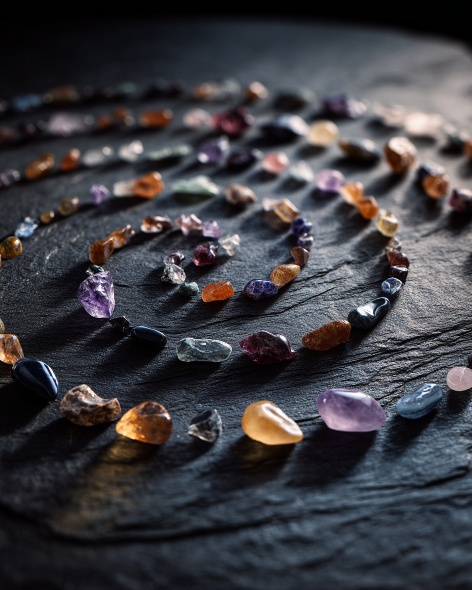 An artistic arrangement of colorful healing crystals forming a geometric spiral path on a dark slate surface, symbolizing guidance and clarity for Amulet of Chi's frequently asked questions.