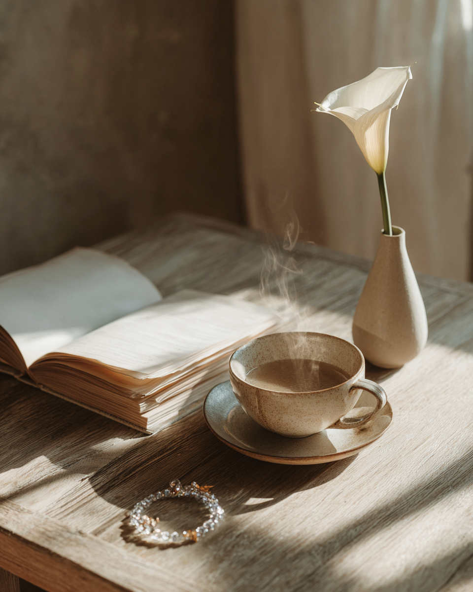 A serene self-care scene representing the Amulet of Chi ethos, with a crystal bracelet, a journal, and a cup of tea in warm sunlight, symbolizing a moment of inner balance.
