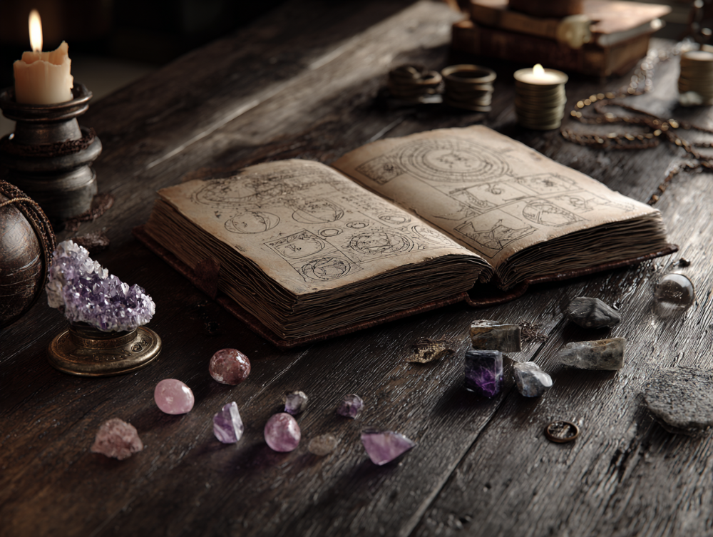 A flat lay representing the Amulet of Chi philosophy, featuring an ancient book open to intricate crystal bracelet design layouts, alongside natural crystals and artisan tools.