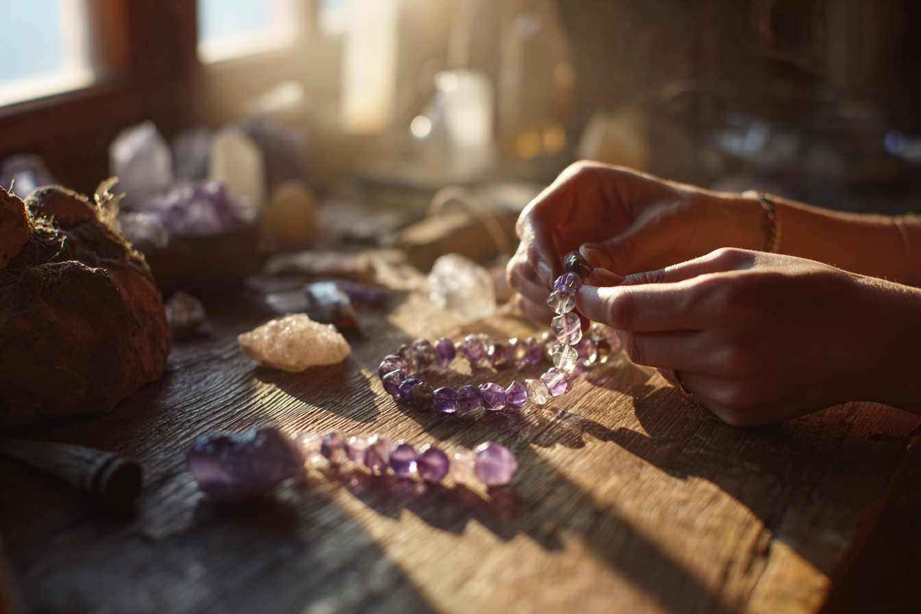 Close-up of an artisan's hands mindfully crafting an Amulet of Chi crystal bracelet, surrounded by loose gemstones on a wooden workbench under warm light.