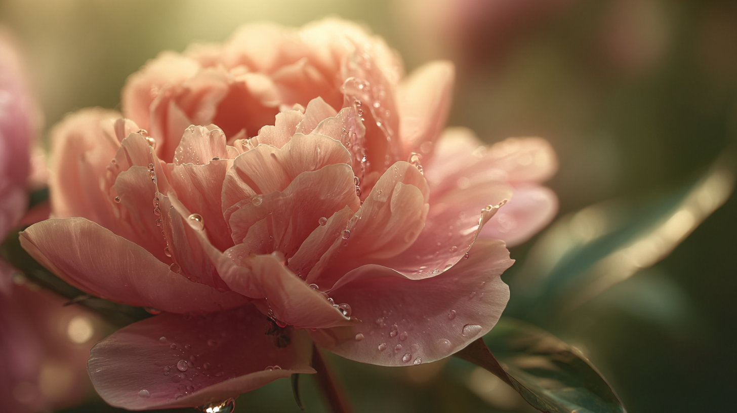 A close-up of a blooming pink peony with morning dew, symbolizing the gentle, compassionate energy of the Amulet of Chi love collection.