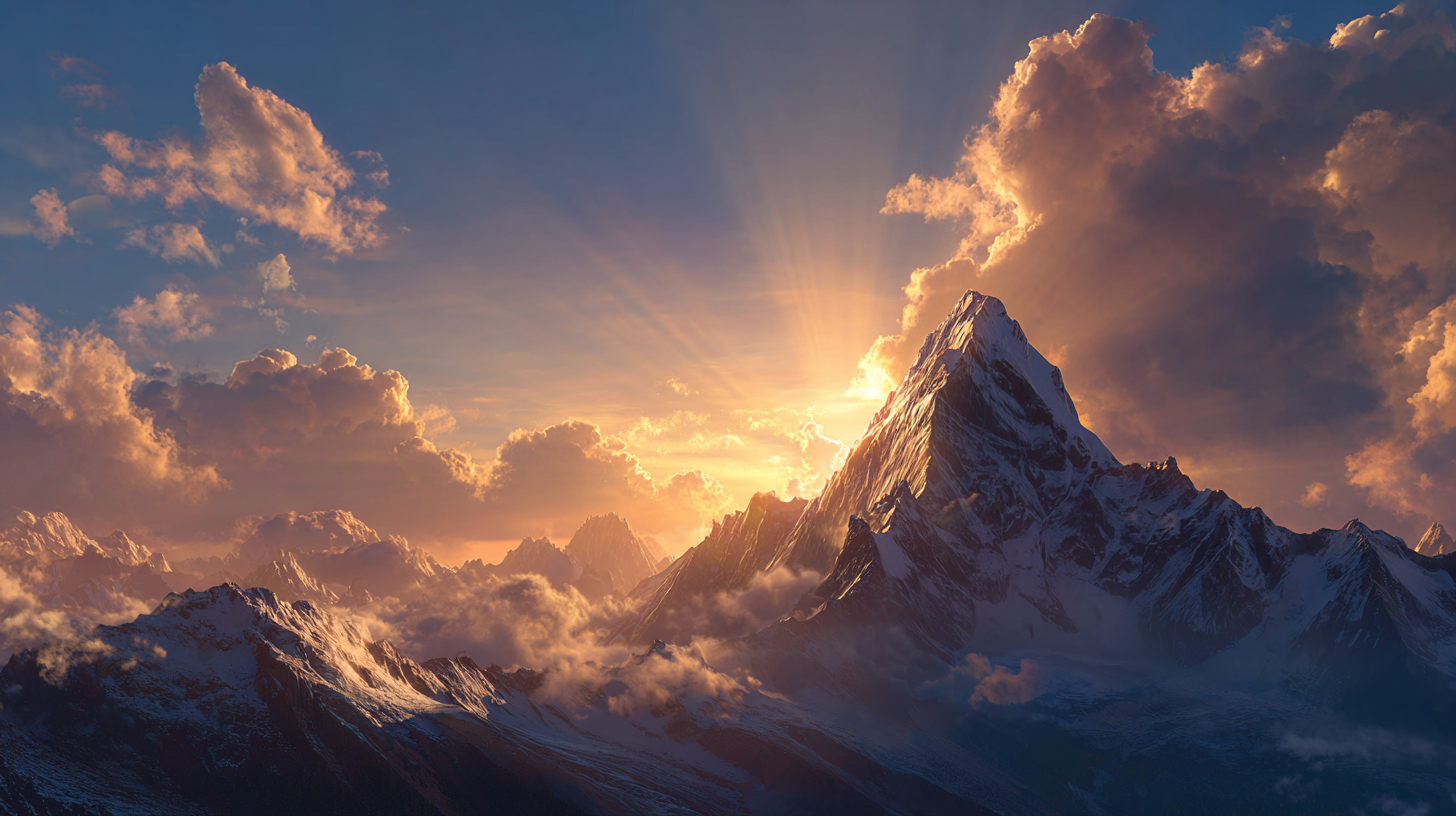 A majestic sunrise over a mountain peak, symbolizing the ambition and opportunity of the Amulet of Chi success collection.