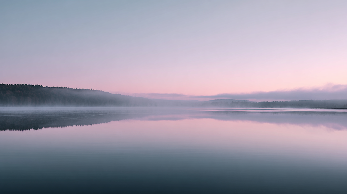 A vast, calm lake shrouded in mist at dawn, representing the healing and serene energy of the Amulet of Chi collection.