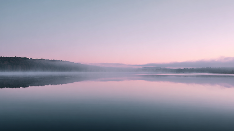 A vast, calm lake shrouded in mist at dawn, representing the healing and serene energy of the Amulet of Chi collection.