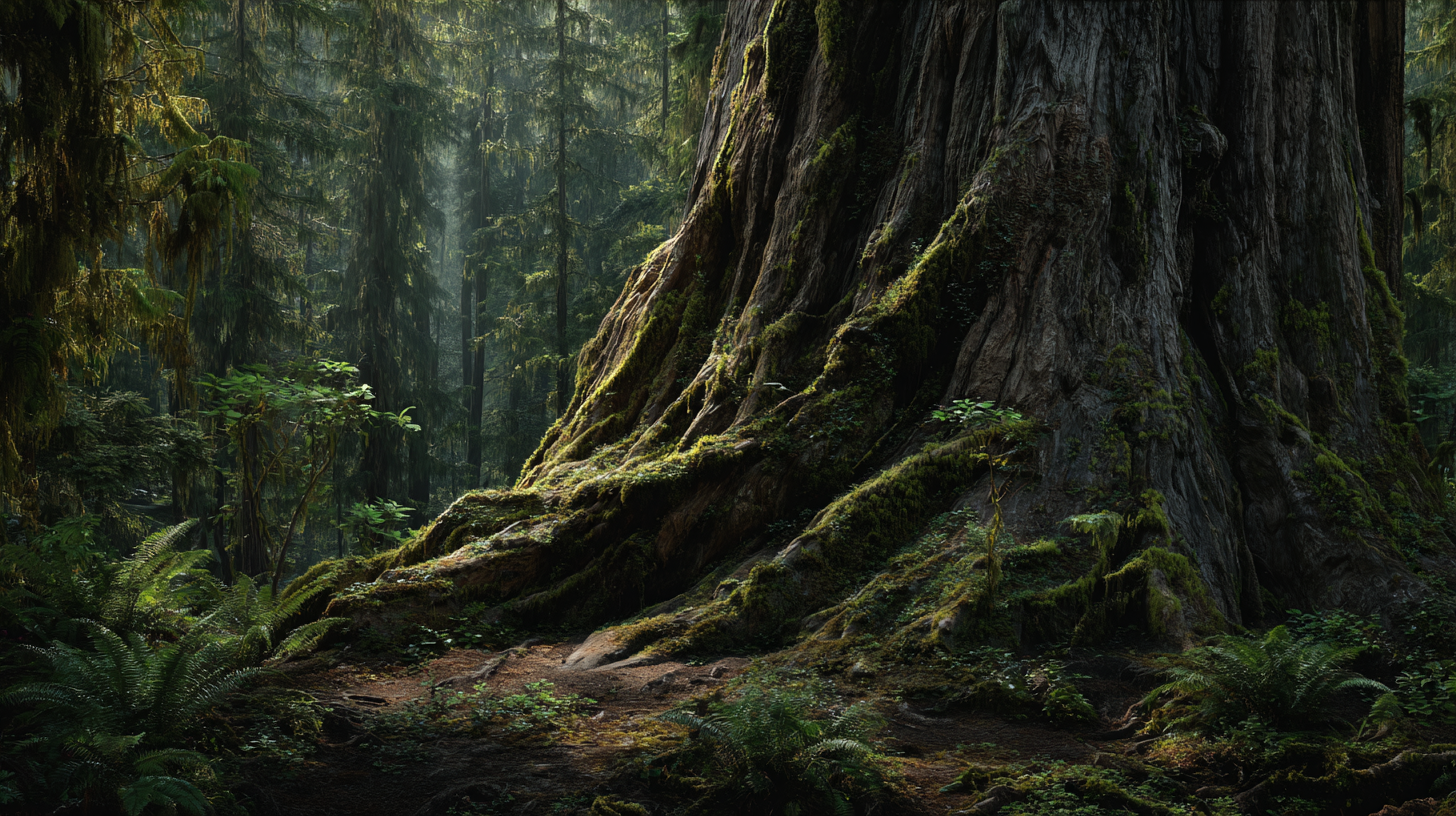 The ancient, moss-covered roots of a giant tree, representing the grounding and protective energy of the Amulet of Chi collection.