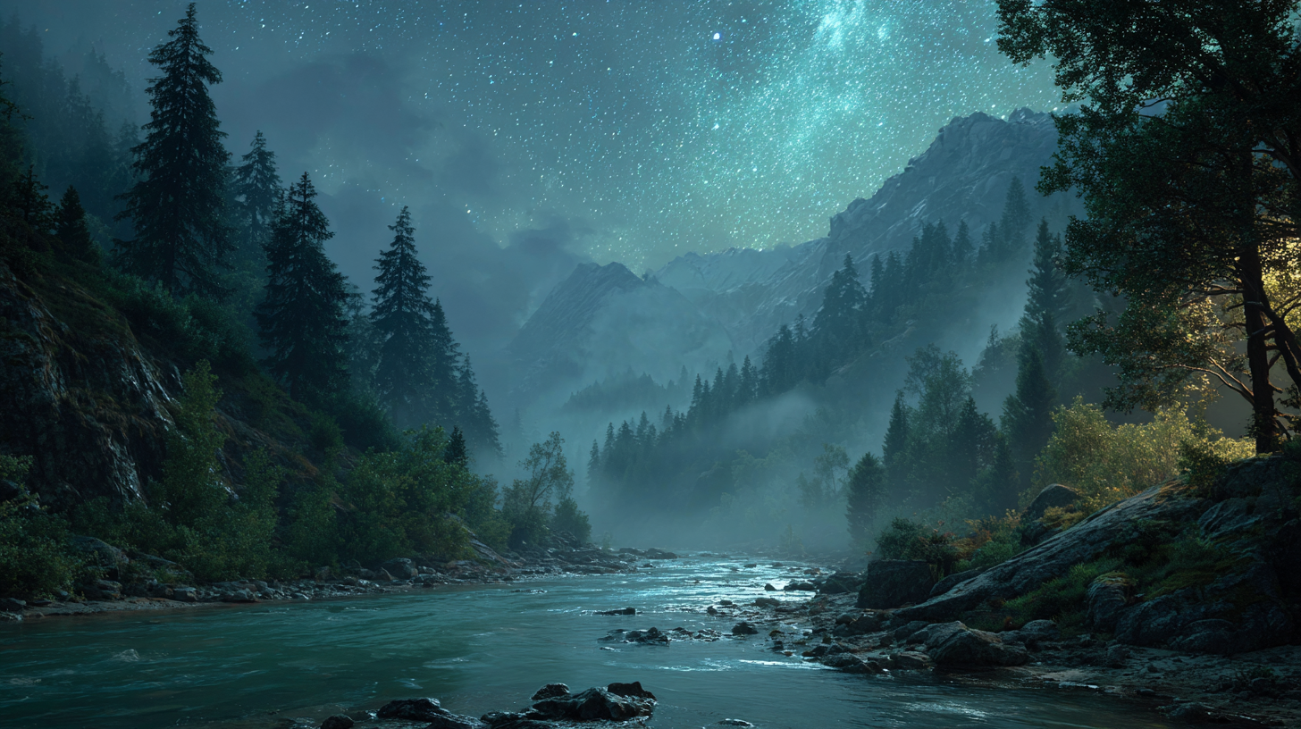 A mystical dreamscape landscape blending mountains, forest, and a glowing river, symbolizing the harmony of all Amulet of Chi product collections.