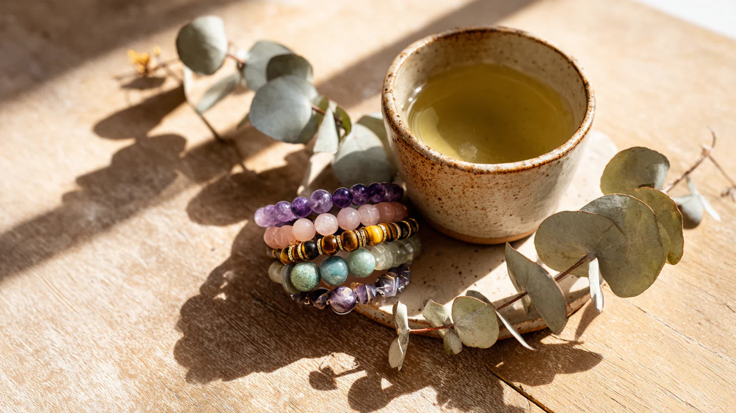 A serene flat lay of Amulet of Chi handcrafted crystal bracelets, including amethyst and rose quartz, arranged on a light wooden surface with a warm cup of tea and fresh ginkgo leaves.