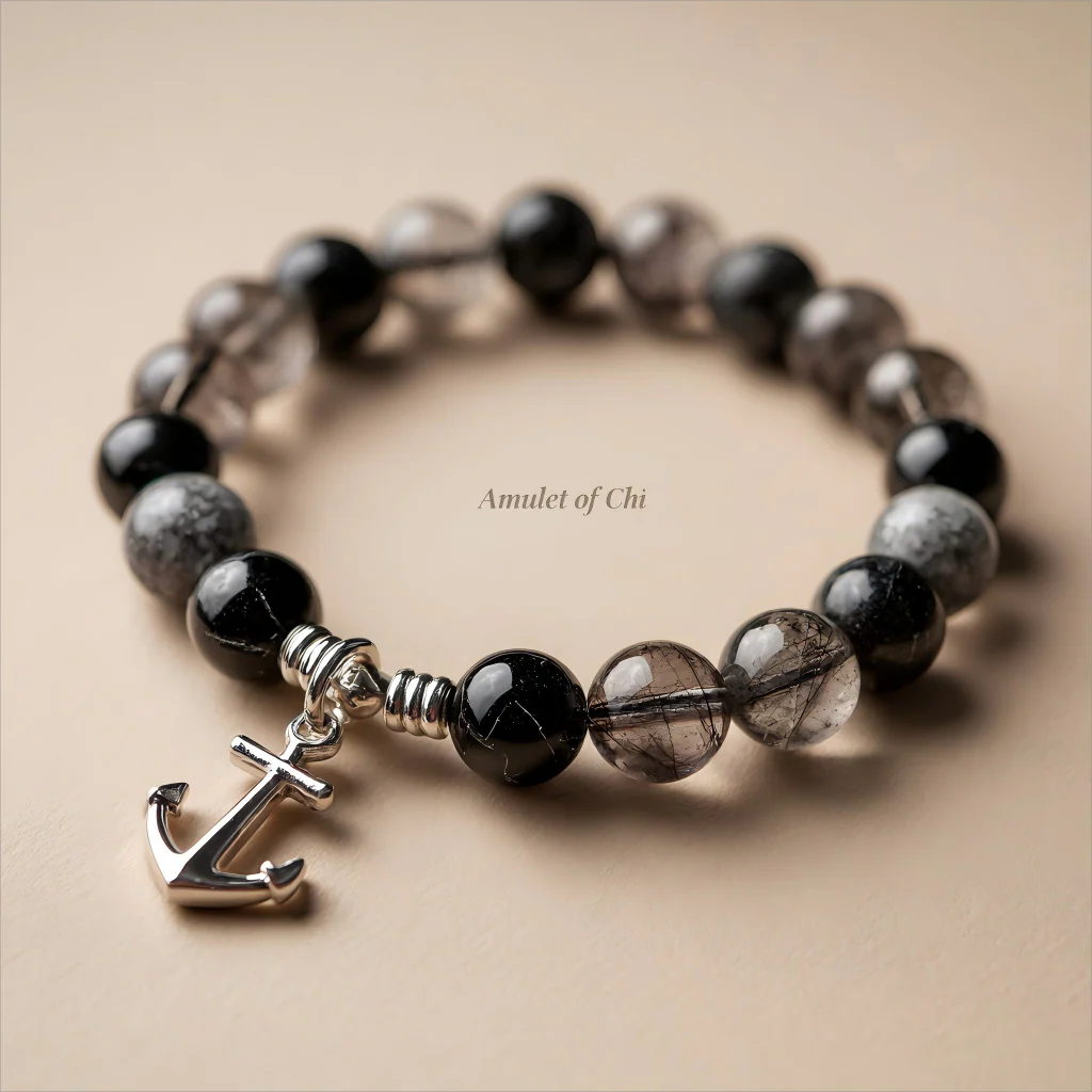 L'Ancre de la Terre | Amulette en quartz rutile noir et hématite