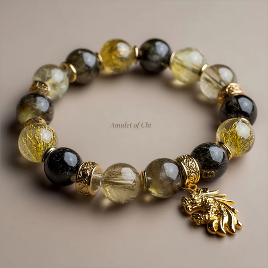 Le Dragon Doré | Amulette en quartz rutile doré et obsidienne
