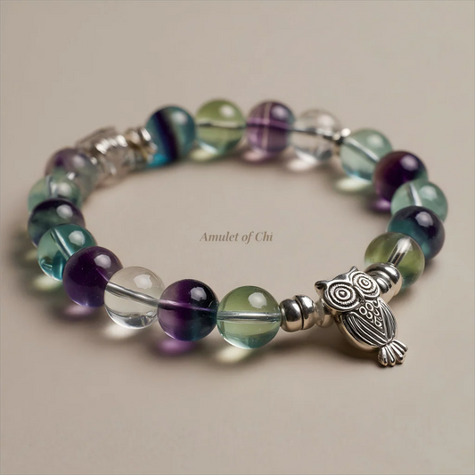 La Lumière de la Sagesse | Amulette en fluorite arc-en-ciel et quartz clair 