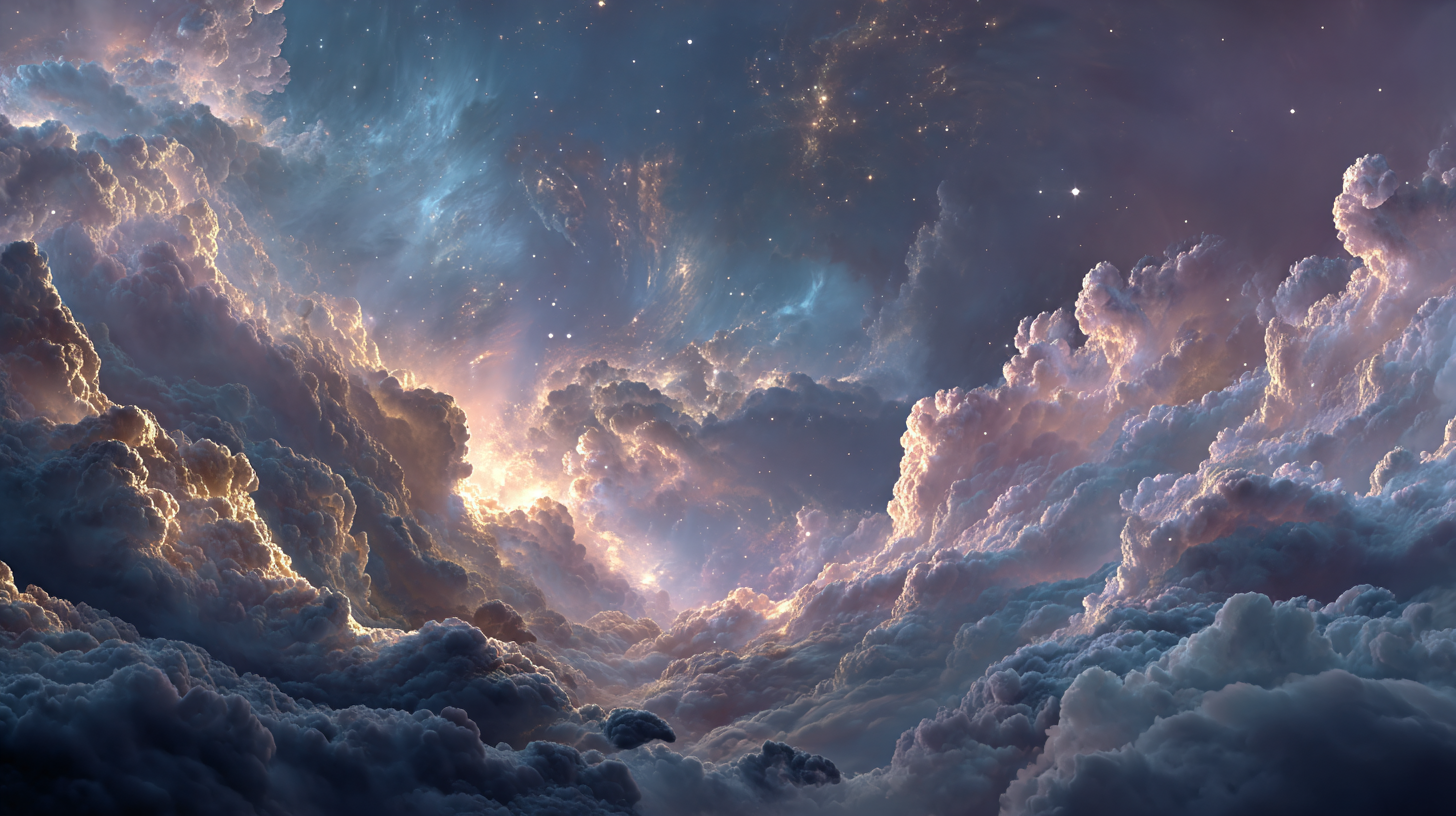 A serene and vast cosmic nebula with swirling stardust, representing the entire collection of Amulet of Chi's energy amulets.
